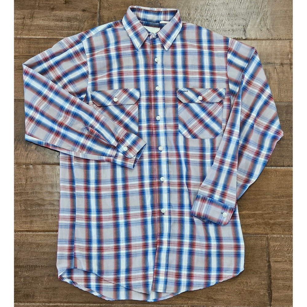 Vintage Fieldmaster Sears Plaid Button Down Shirt Mens Medium Tall Perma-Prest